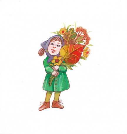A girl with a bouquet of autumn leaves