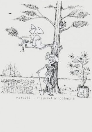 Meander i Filwinka w ogrodzie, 1984 r., ilustracja do książki: Macieja Wojtyszki 