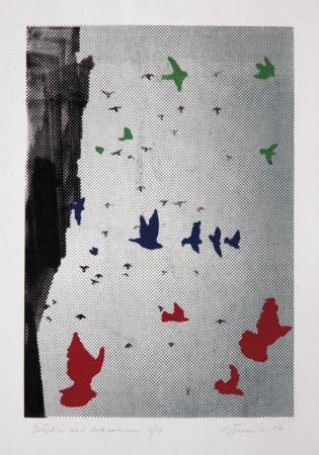 Gołębie nad Sukiennicami 1987, serigrafia, papier, 40x27cm